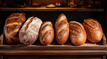 Different types of bread in the bakery on wooden counter