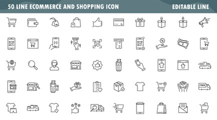 ecommerce and shopping icon collection, shipping, delivery and online shopping, thin line symbol isolated on white background, editable stroke eps 10 vector illustration