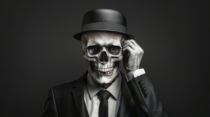 Greedy skull stylish skeleton dressed in official business suit and hat on a dark background. Workin