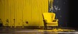 A wooden yellow chair is placed in front of a yellow rectangle wall, contrasting with the dark hardwood flooring. The electric blue tint adds a touch of color to the event space