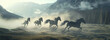 Horses, their manes of fire a testament to their power, race the wind across valleys shrouded in mystery , 3D illustration