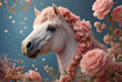 cute adorable white horse with pink mane and flowers around blue  background with flowers. Digital artwork. Ai generated