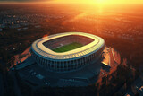 Fototapeta Sport - Aerial View of Soccer Stadium in Urban Setting at Sunset with City Lights in Background