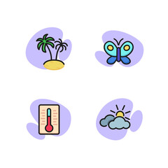 Poster - Nature line icon set. Palm trees, butterfly, clouds and sun, thermometer. Vacation and weather concept. Can be used for topics like travel, tourism, summer