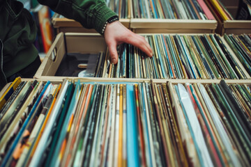 Music enthusiasts flip through dusty vinyl records, seeking hidden gems