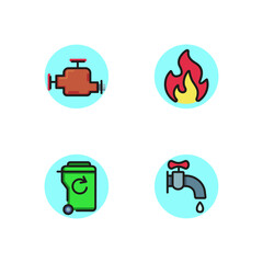 Sticker - Utility line icon set. Gas, trash bin, faucet with water, heating pipe. Can be used for topics like housekeeping, recycling, ecology.