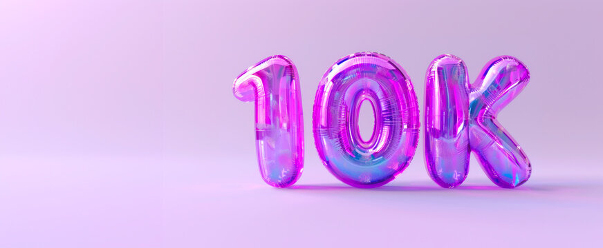 10k followers or likes celebration purple balloon foil text. Social media achievement poster. Ten thousand subscribers.