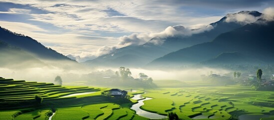 Poster - A natural landscape with lush grassland, a river running through it, and mountains in the background under a sky filled with cumulus clouds