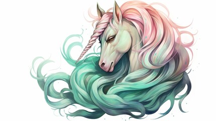 Wall Mural - Girly watercolor background adorable unicorn in soft peach and turquoise pastel colors