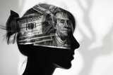 Fototapeta Uliczki - Silhouette of human head filled with money coins and banknotes inside, concept of financial and monetary mindset, wealth, prosperity, financial planning, abundance and economic awareness.