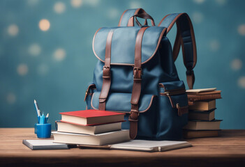 Full school backpack with books isolated on blue background with copy space Back to School concept