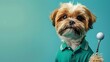 Cheerful Terrier Puppy Playing with Golf Ball on Teal Background