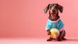 Cheerful Miniature Dachshund Puppy Playing with Ball on Pink Background in Studio Setting