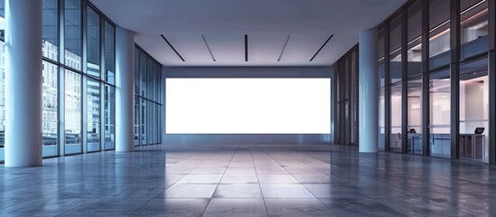 Poster - In a contemporary office space with large windows and columns, there is an empty white banner displayed, as shown in a ed mockup.