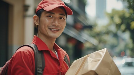 Poster - Smiling man in red shirt and cap holding brown paper bag.