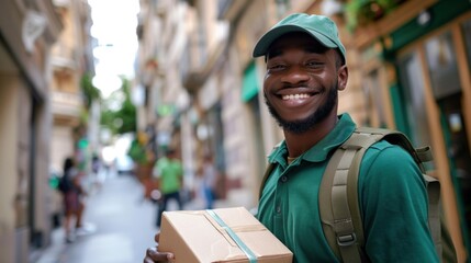 Wall Mural - Smiling man in green cap and shirt holding a box walking down a narrow city street with blurred background.