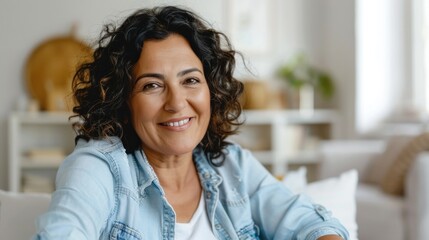 Wall Mural - Smiling woman with curly hair wearing a light blue denim jacket seated in a modern living room with white furniture and plants in the background.