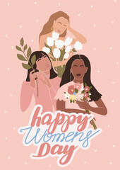 Wall Mural - International Women's Day greeting card. Abstract woman portrait different nationalities with flowers. Girl power, struggle for equality, feminism, sisterhood concept. Vector illustration.