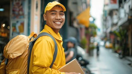 Wall Mural - Smiling young man in yellow jacket and cap carrying a backpack and a box walking down a busy street with blurred background.