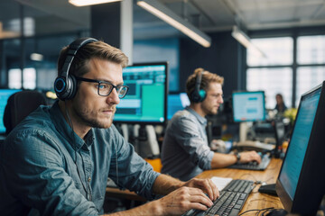 two men a team of startup software developers codes a new application project together in an office