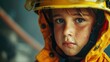 Young child wearing firefighter gear with a helmet looking serious with a slight smudge on the face.