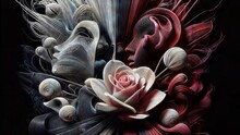 Surreal Abstract Digital Artwork Featuring Swirling White And Red Rose Petals With Spirals And Intricate Patterns Resembling Floral Fractals Against A Black Background.