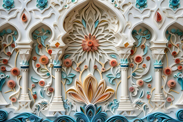 Wall Mural - Quilling card with intricate Arabic paper graphic of Islamic theme, suitable for Eid and Ramadan celebration greeting or as a decorative piece.