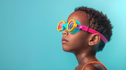 A young afro child with curly hair wearing oversized colorful goggles with a blue background.