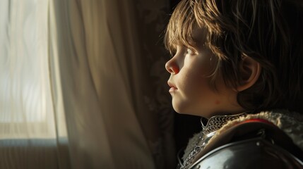 Wall Mural - A young child with a contemplative expression looking out a window with sunlight streaming in wearing a costume that includes a chainmail-like garment and a shoulder piece.