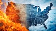 Flaming and cooling contrast of USA map - A conceptual image contrasting an inferno and icy clouds over the USA's map, evoking national challenges