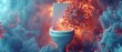 Fiery, red and orange viruses surrounding a cool, bluetoned toilet in a contrasting warm and cold color scheme, symbolizing the heat of contamination dangers , 3D illustration