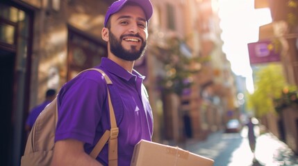 Wall Mural - Smiling man in purple shirt and cap carrying a box and a backpack walking down a sunny city street with blurred background.