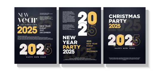 Sticker - New year 2025 poster. Poster background design with dark colors and with simple greetings. Vector premium design for a 2025 New Year celebration.