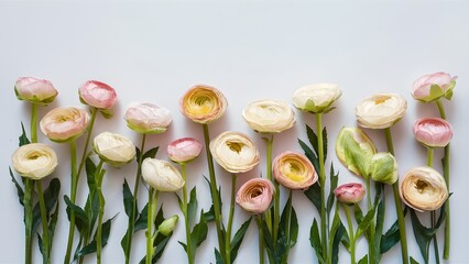 Wall Mural - Spring ranunculus flowers arranged on white background for mockup
