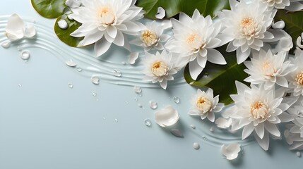  White water lilies and lily pads on white background with water droplets banner with copy space minimal and tranquil spa concept