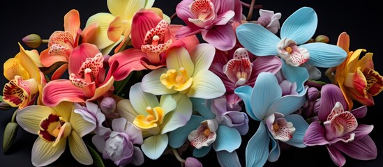 Wall Mural - A variety of colorful flowers, including pink roses, on a dark black background. The vibrant petals pop against the groundcover, creating a beautiful display for flower arranging