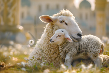 Eid al Adha Mubarak social media banner and post template with sheep and lamb for Islamic festival celebration