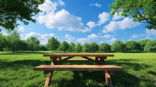 Empty Wooden Picnic Table On A Summer Meadow. Beautiful Trees In The Background
