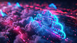 electrifying neon depiction against a dark background, featuring cyber-themed neon lights forming cloud shapes, symbolizing the essence of data storage and cloud computing technology in a futuristic d