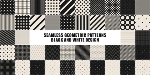 Poster - Collection of vector black and white seamless patterns. Simple dotted and striped geometric textures - repeatable backgrounds. Monochrome unusual design, minimalistic textile prints