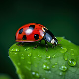 Fototapeta Mapy - ladybug on green leaf with water drops close-up macro