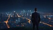 Back view of young businessman on mountain top looking at night city with abstract low poly light bulb. Innovation, technology and idea concept. 3D Rendering