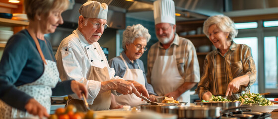 Joyful seniors enjoy a cooking class with a professional chef in a modern kitchen.