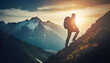 Silhouette of a hiker climbing a mountain peak and reaching the top. Male hiking and overcoming obstacles ascending the rocky cliff. Leader success and achievement concept