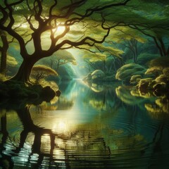 Wall Mural - a tree's reflection mirrored in the calm surface of water