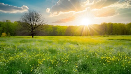 Vivid sunshine on spring meadow landscape, nature background