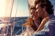 Couple joyfully sailing small yacht amidst the sea waves