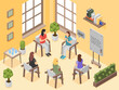 Isometric group therapy. Female support, psychology professional help center. Women talking about problems, girl club. Healthcare flawless vector scene