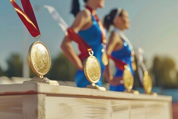 female athletes winning medals on the gold award podium