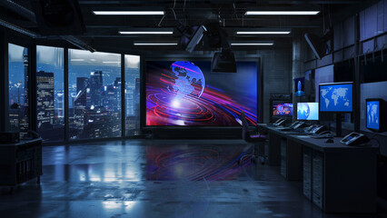 Wall Mural - 3D Virtual TV Studio News, Backdrop For TV Shows .TV On Wall.3D Virtual News Studio Background,3d illustration